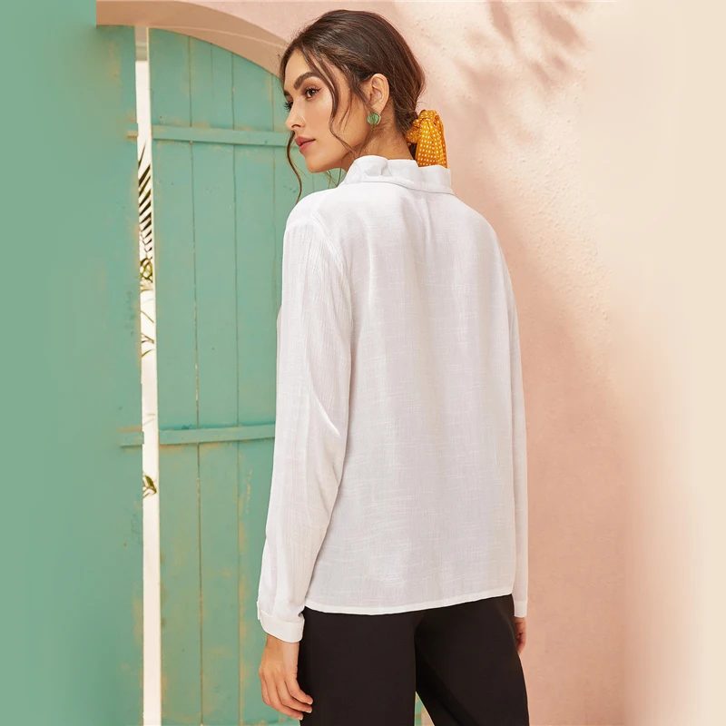Sheinside Повседневная белая блузка с v-образным вырезом и прозрачными вставками для женщин осенние Блузы с рукавами реглан Женская Однотонная рубашка с пуговицами