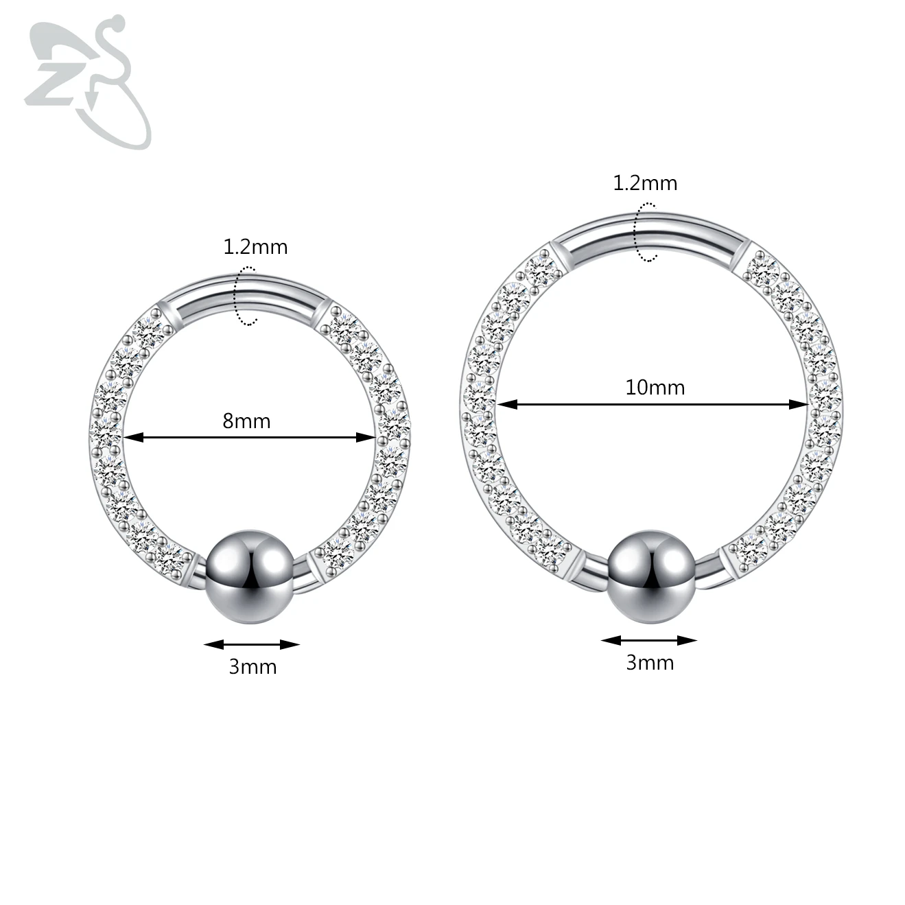 ZS 1 pièce anneau de nez en cristal CZ 8/10MM en acier inoxydable Septum Clicker oreille noire Helix Cartilage Tragus Piercing bijoux 16g