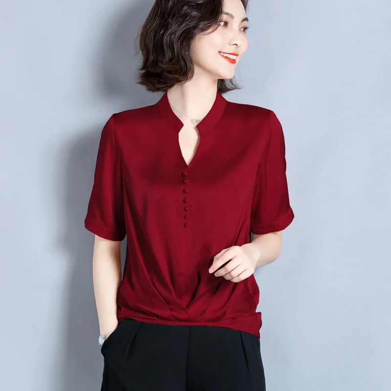 

Korean Silk Blouse Women Satin Blouse Tops Summer Ladies Solid V Neck Blouses Elegant Top Plus Size Blusas Mujer De Moda 2020