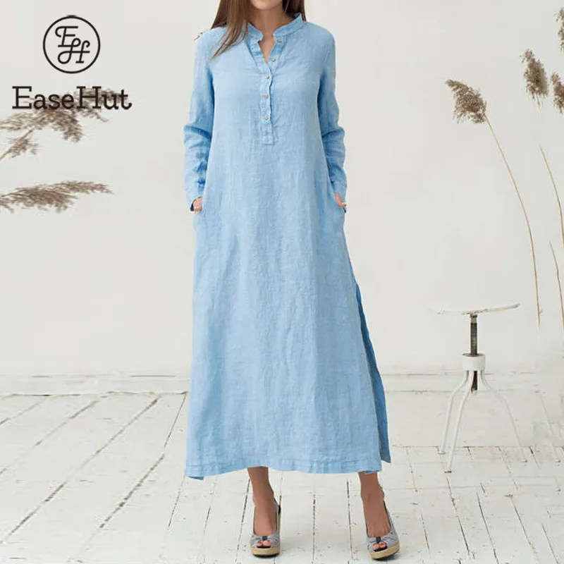 EaseHut Белый Синий Макси-футболка с длинным рукавом платье для женщин Стенд Воротник Кнопки Щелевая Повседневная длинное платье Большой Размер Осенние платья