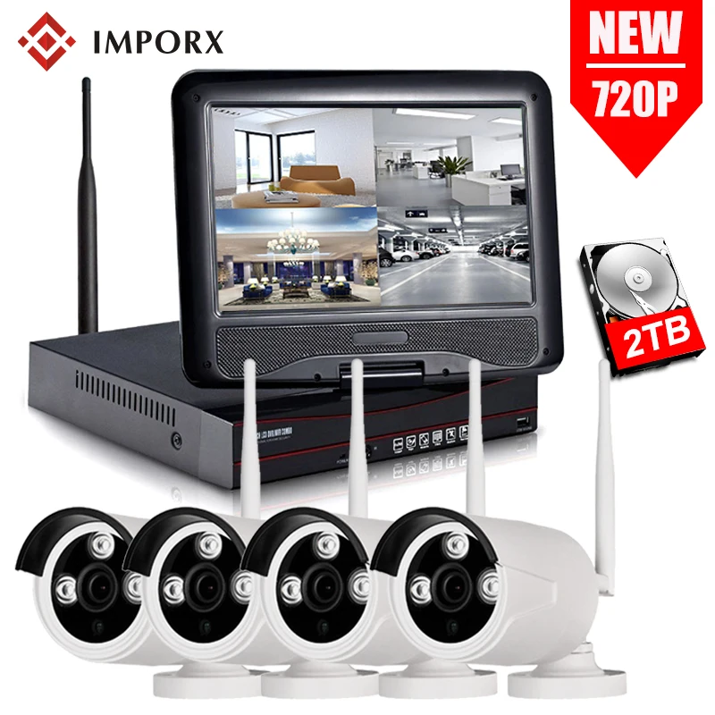 

IMPORX 10"LCD 4CH 720P WIFI NVR Kit CCTV Security System 1.0MP Outdoor Wireless IP Camera Video Surveillance Set 2TB HDD