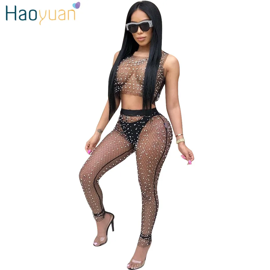 

HAOYUAN Mesh Pearls Beading Sexy Two Piece Set Summer Outfits See Through Crop Tops and Pants Suit Matching 2 Piece Set Women