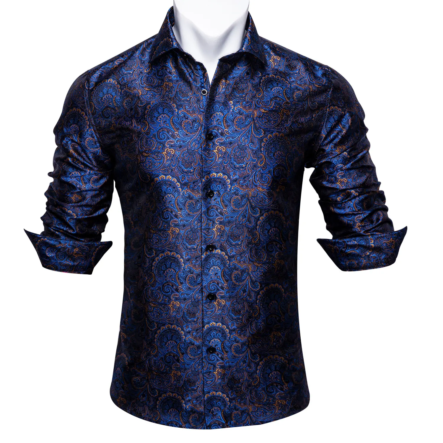 

Barry.Wang Blue Gold Paisley Bright Silk Shirts Men Long Sleeve Casual Flower Shirts For Men Designer Fit Dress Shirts BCY-07