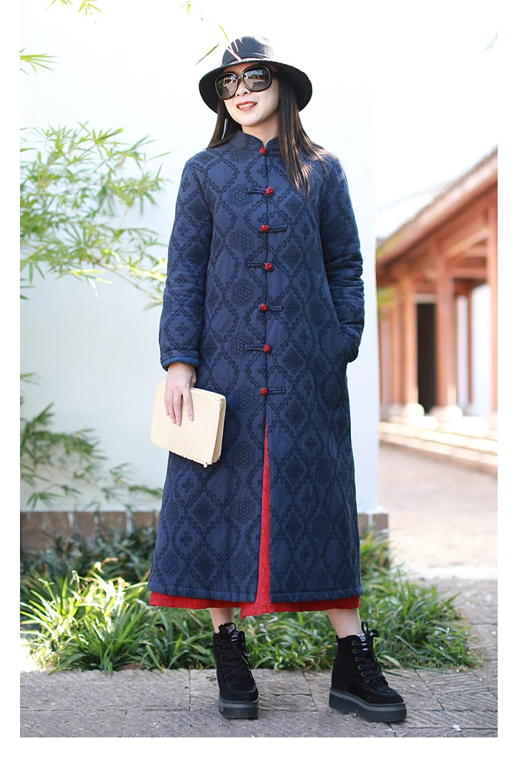 LZJN 2019 Winter Jacket Women Stand Collar Quilted Overcoat Long Chinese Parka Jacquard Autumn Coat Pocket Winterjas  (5)