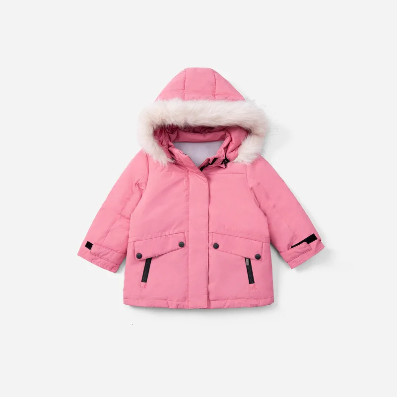 Winter Children's Garment Girl Pink Hooded Fur Collar Down Jacket New Casual Solid Children Down Jackets D9G5519 - Цвет: pink