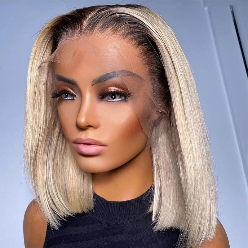 T1B 613 Blonde Bob Wig Dark Roots Ombre Lace Front Human Hair Wigs T4613 Straight Glueless HD Transparent Part | Шиньоны и парики