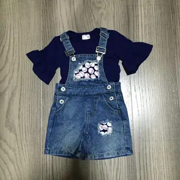 

baby kids Overalls outfits girl blue shirt with baseball denim overalls children ball game set