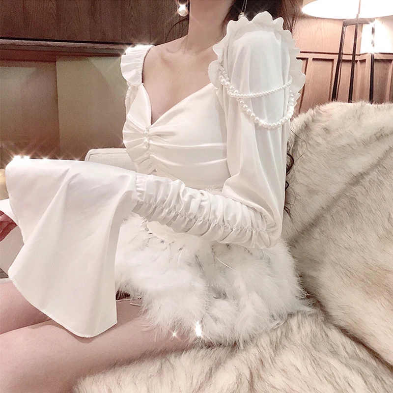 WHITNEY WANG, блузки,, Весенняя мода, уличная одежда, с расклешенными рукавами, жемчужинами, цепочками, атласная блузка для женщин, Blusas, женская рубашка, Топ