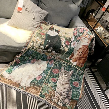 

Knitting Cotton Sofa Blankets Decorative Throw Blanket Cute Cat Pet Tapestry Leisure Embroidered Blanket Decorative Blanket