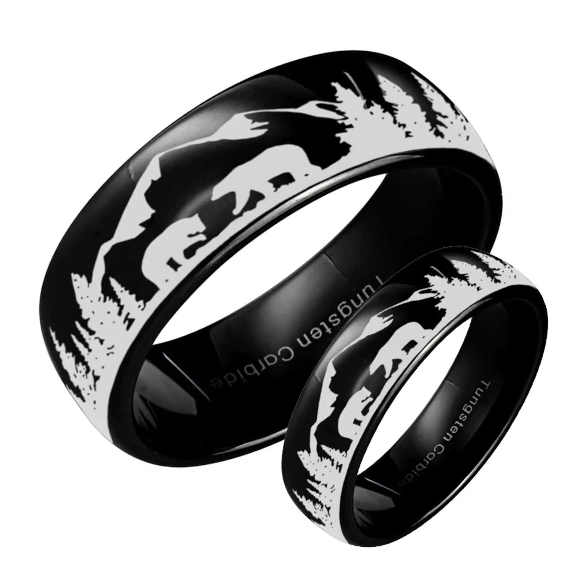 His her anillos de tungsteno de dos osos, conjunto de alianzas de boda de tungsteno negro, forestal, montañas, aniversario|Anillos| - AliExpress