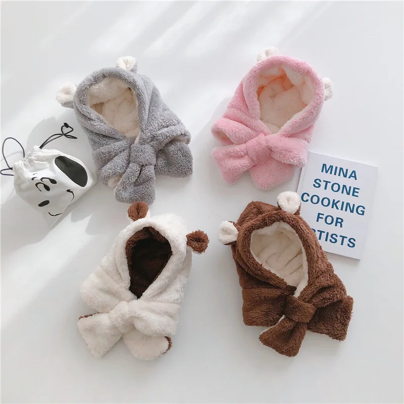 2 In 1 Baby Winter Warmer Cartoon Plush Ear Design Hat 2-10Y Infant Collar Scarves Neckerchiefs