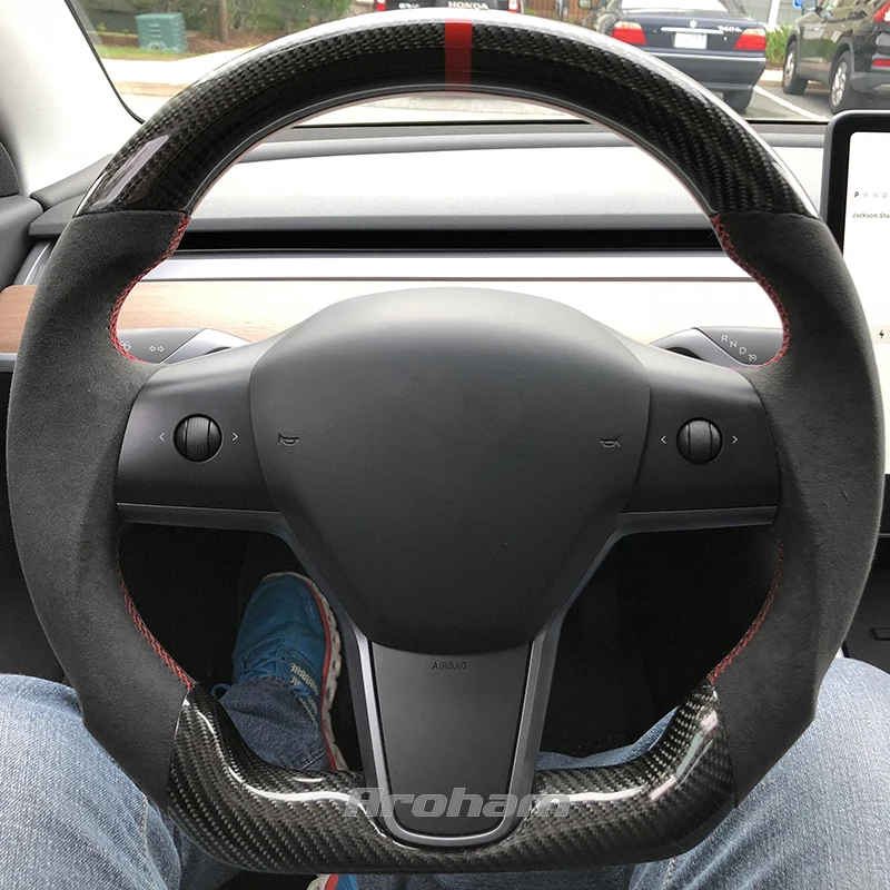

Suede Leather Carbon Fiber Steering Wheel Replacement Car Accessories For Tesla Model Y Model 3 2017 2018 2019 2020 2021