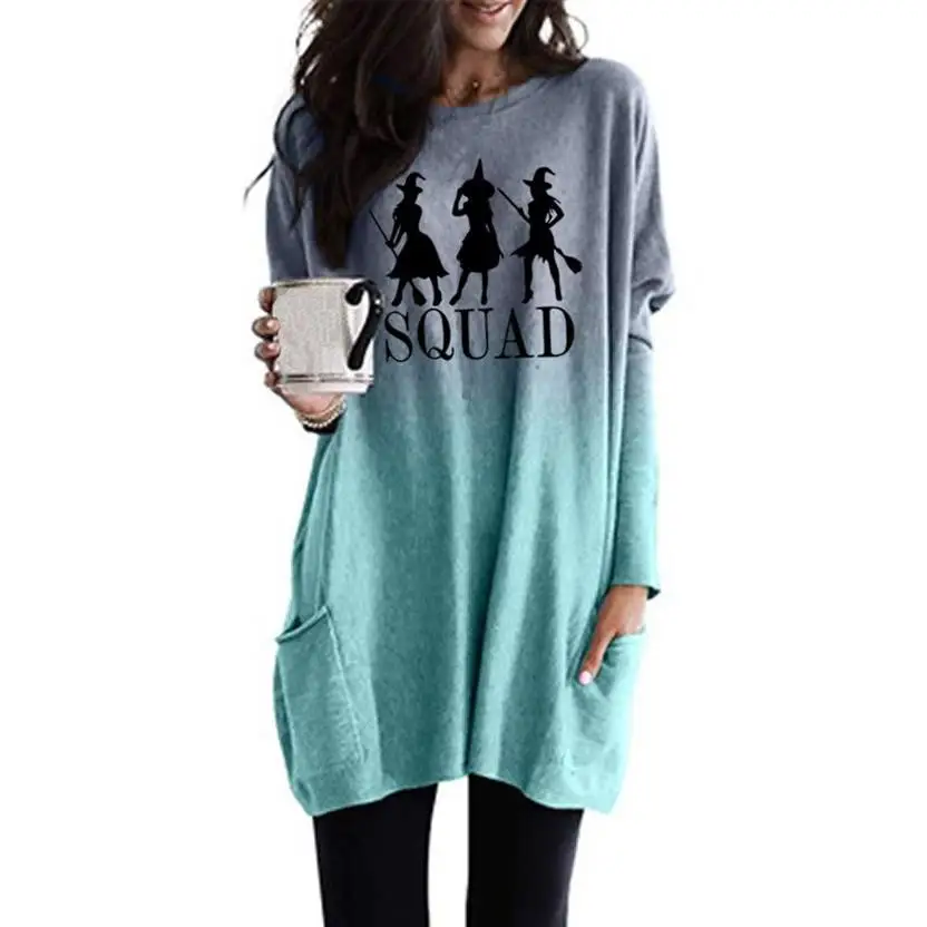 New Fashion Squad Letters Print Gradient Long Sleeve Pocket T-Shirt T-Shirt For Women Women Tops Cropped Plus Size