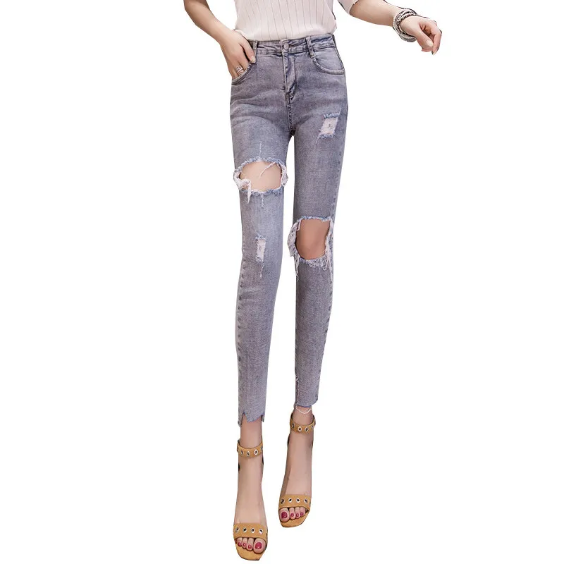 Wash light blue jean Новинка, светло-голубые потертые, модные, для похудения, маленькие ноги, хлопок, стрейч, высокая талия, джинсы для женщин, рваные джинсы для женщин, ropa, джинсы - Цвет: Wash light blue jean