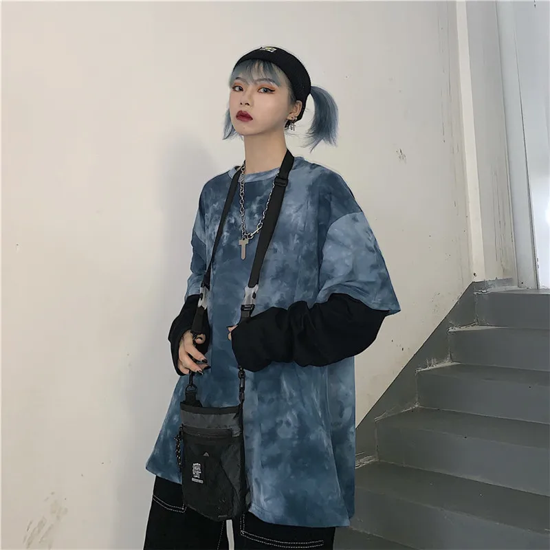 Личи Harajuku в стиле пэчворк с длинными рукавами Для женщин толстовка галстуком