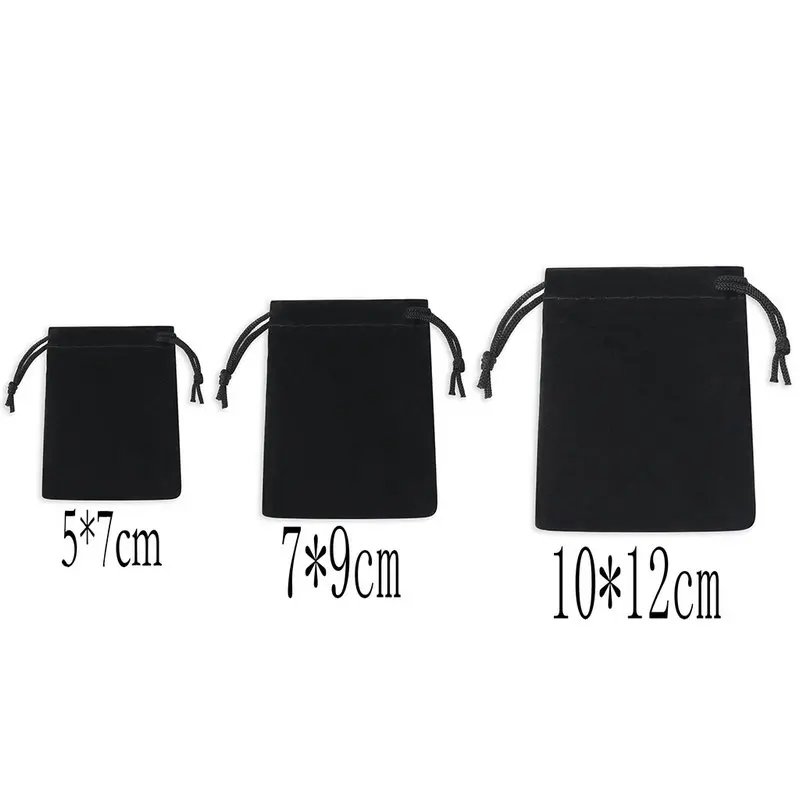 100 개/몫 벨벳 먼지 주머니 블랙 선물 가방 보석 팔찌 스트랩 Drawstring 코 튼 로프 주머니 10x12cm 7x9cm 5x7cm