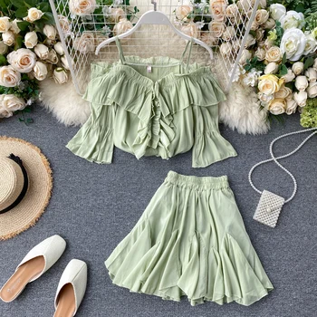 

2020 Summer Casual 2 Piece Skirt Set Women Ruffles V Neck Pullover Tops+high Waist Patchwork Mini Dress Female Beach Style Sets