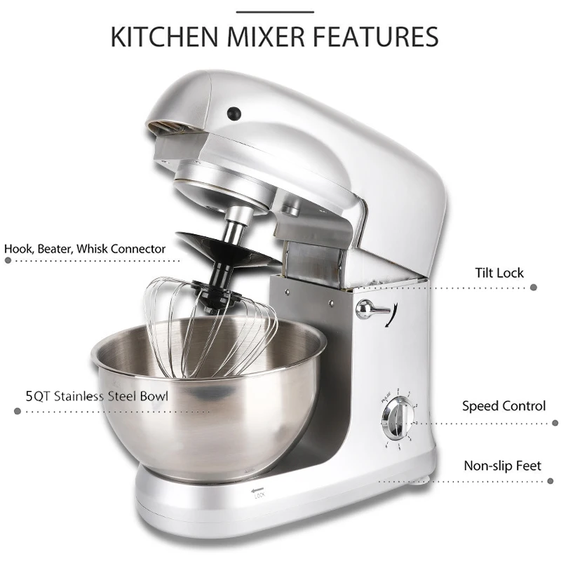 5L Stand Mixer Stainless Steel Bowl 6-speed Kitchen Food Blender Cream Egg Whisk Cake Dough Kneader Bread Mixer Maker 110V