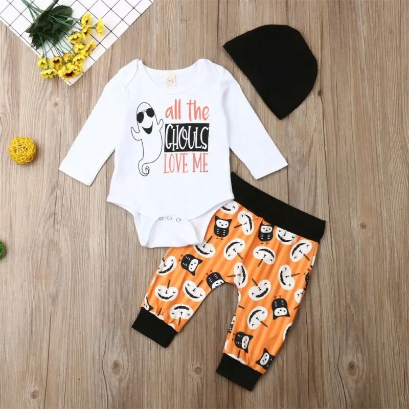 0-24M Halloween Newborn Baby Boy Girl Clothing Set Letter Long Sleeve Romper + Cartoon Pants+ Hat Infant Baby Costumes