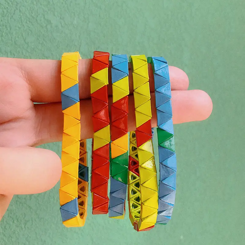 

JUST FEEL Fashion Women Men Painted Metal Cuff Bangle Jewelry Stackable Stack Rainbow Elastic Stretch Enamel Bead Tile Bracelet