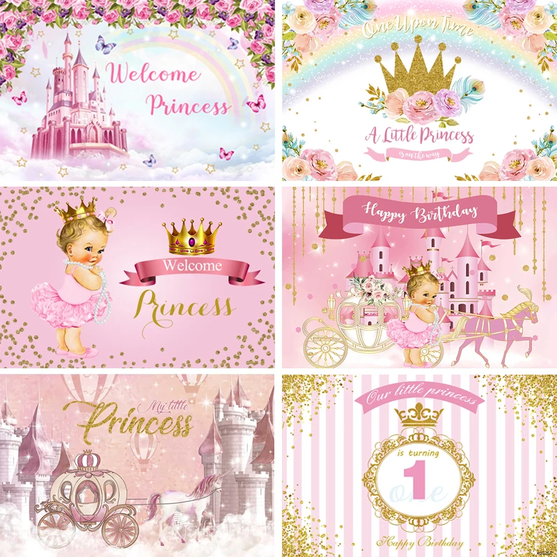 Sensfun Gold Crown Flower Pink Princess Girls Newborn Baby Shower 1st Birthday Party Backdrop Customized Photography Background |