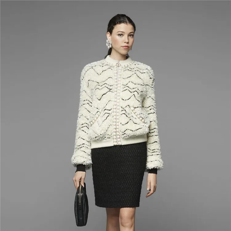 Brand Designer Winter Elegant Women Striped Imitation Lamb Hair Thick Loose Luxury Coat Female Christmas Cardigan Office