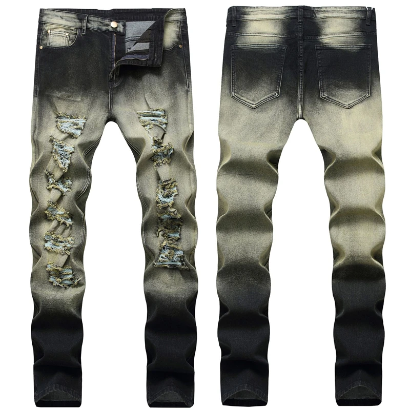 

Autumn Fashion Jeans Men's Slim Fit Fashion Straight Pants Two-color Discoloration Korean Style Cotton Stretch Denim Trousers
