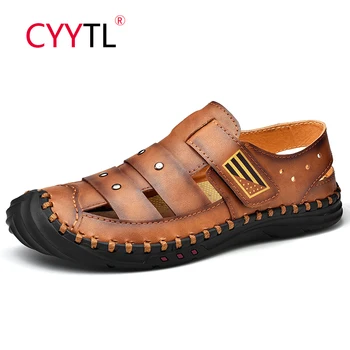 

CYYTL Summer Sandals Men Leather Outdoor Beach Shoes Protect Toes Sandaly Casual Sewing Slippers Male Sneakers Sandalia Hombre