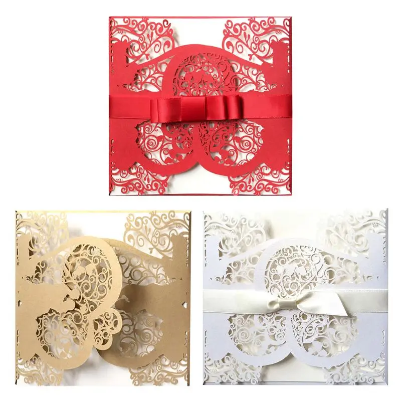  20 Pcs European Style Wedding Invitation Card with Bow Envelope Kit Party Supply - 4000570403004