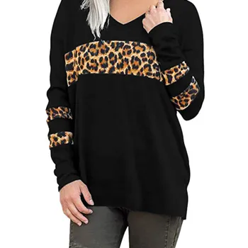 

Leopard Patchwork Women Sweatshirt Fashion Ladies Casual Long Sleeve V Neck Leopard Splice Loose Pullover Streetwear Sudaderas