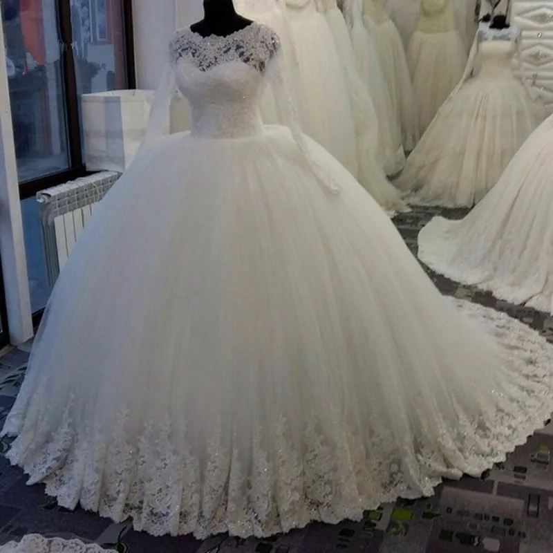 

New Arrival Long Sleeve Lace 2018 Ball Scalloped Beaded Applique Puffy Bridal Gowns robe de mariage mother of the bride dresses