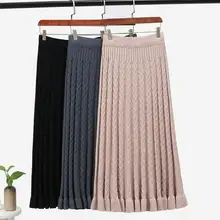 Женские вязанные юбки, Осень-зима, Толстая Теплая юбка миди с оборками, эластичная юбка с высокой талией, Женская