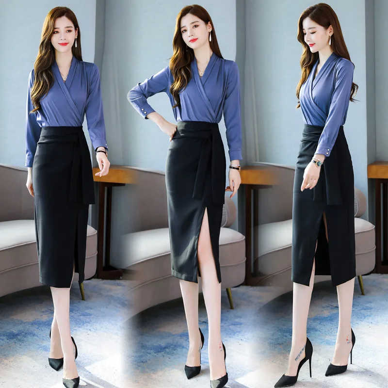 

2019 Women two pieces suits Autumn Spring elegant office lady V-neck shirt and split skirt sets
