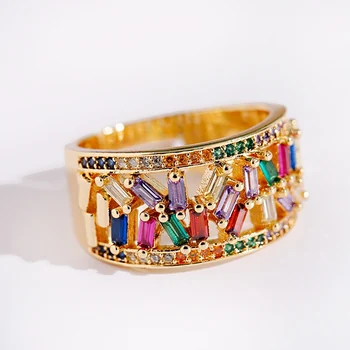 

AAA+ Cubic Zirconia Geometric Rainbow Wide Ring Female Multi Color Stone Baguette Rings For Women Engagement Jewelry Gift Bague