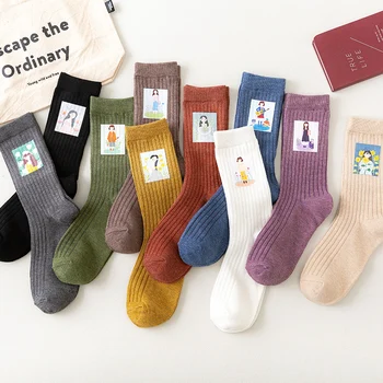 

The New Women Cotton Color Stripes Socks High Quality Personality Character Girl Hot Stamping Female Middle Tube Student Socks