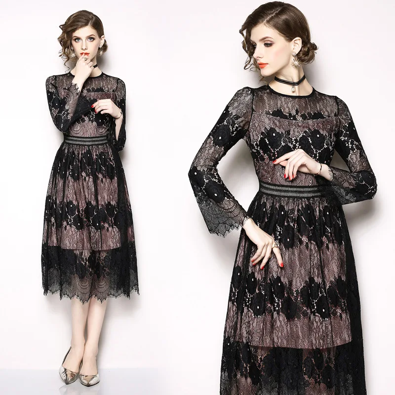 

Photo Shoot Ozhouzhan 2018 Autumn And Winter New Style Mid-length Lace Elegant Waist Hugging Europe And America Dress