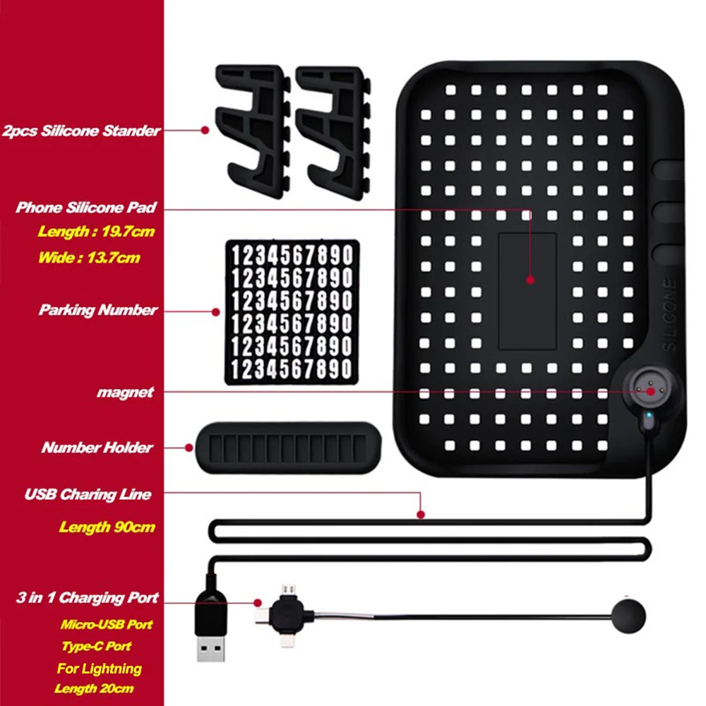 

Universal Anti-Slip Silicone Pad Adjustable Bracket Cell Phone Holder for Car 3 Charging Port Bracket For iPhone Type-C