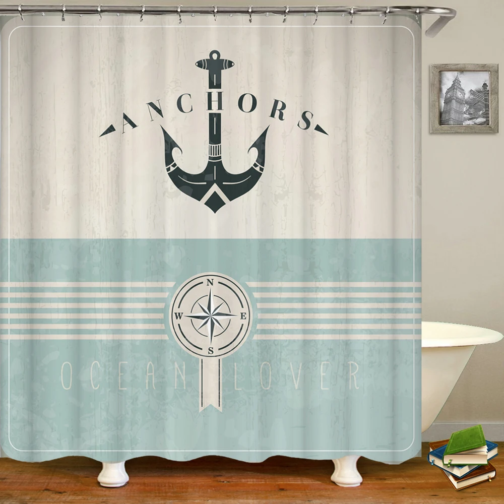 Nautical Shower Curtain Steamship Hooks Fishing Lure Rods Fisherman
