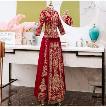

Bride Embroidery Cheongsam Vintage Chinese Style Wedding Dress Lady Phoenix Gown Marriage Qipao red Clothes Size S M L XL XXL