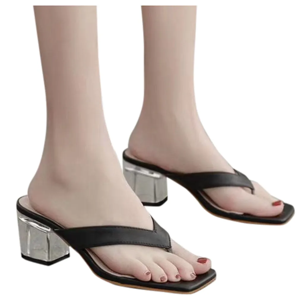 

Women's Slippers Summer Fashion Transparent Flip-Flop Ladies Open-Toe Square High-Heeled Shoe Slippers Women Leisure Slippers