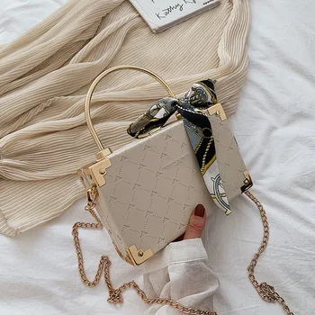 

Solid Box Shoulder Bag with Scarves for Women Fashion Chain Handle Handbag Shoulder Purse Ladies Designer Small Messenger Bags