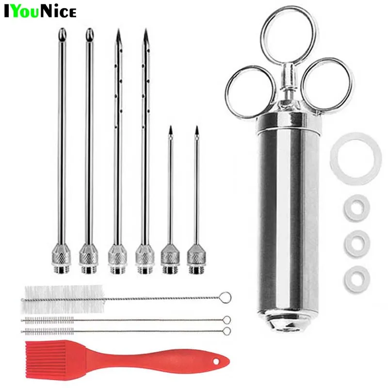 

IYouNice Marinade Meat Injector 2 Ounce Capacity with 6 Needles Silicone Brush Stainless Steel BBQ Injector Syringe
