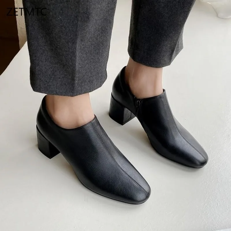 

luxury women shoes Genuine Leather Pointed Toe Mary Janes Office & Career black white fashion spring new Square heel Slip-On