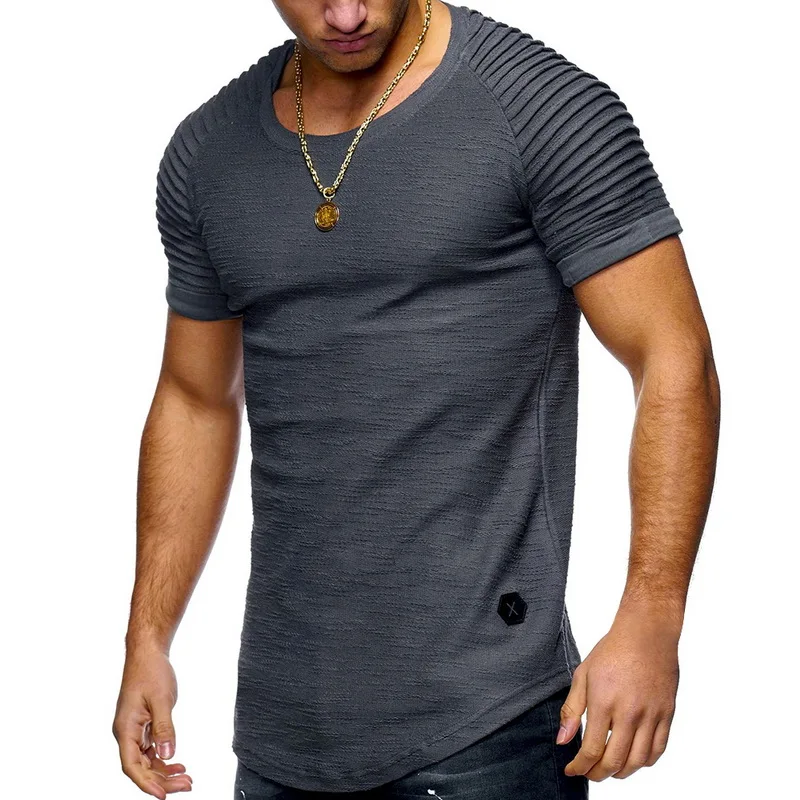 gray short Sleeve Красивые мужские топы, футболки, Популярная мода, мужская Тонкая Однотонная футболка с круглым вырезом и коротким рукавом, полосатая футболка с рукавом реглан, стильная футболка - Цвет: gray short Sleeve