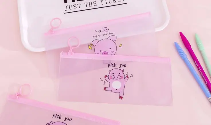1 Pcs Animal Pink Pig PVC Transparent Waterproof Zipper Document Bags File Folder School Pencil Cases Girl Stationery Gift
