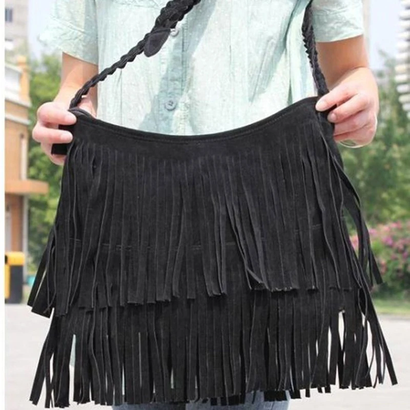 HEFLASHOR Womens Tassle Fringe Faux Suede Shoulder Messenger Crossbody Bag Handbag Purse Black Brown White