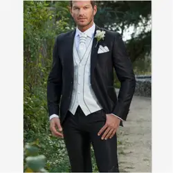 Тонкие черные мужские костюмы на одной пуговице, белый жилет, сделанный на заказ, блейзер, мужские костюмы, комплект из 3 предметов (пиджак +