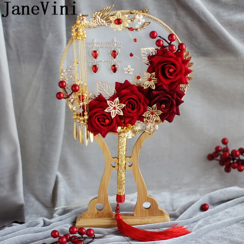 Janevini Burgundy Roses Gold Wedding Bouquet Red Crystal Bridal Fan Luxury Tassel Pearls Chinese Style Ancient Wedding Bride Fan Wedding Bouquets Aliexpress