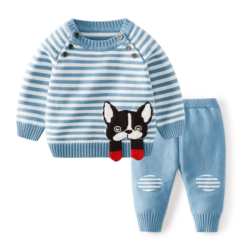 Комплект для новорожденных, новинка года, брендовый дизайн, теплая шерсть, комплект для маленьких мальчиков, мягкий вязаный пуловер+ штаны, одежда для маленьких девочек, комплект из 2 предметов - Цвет: Синий