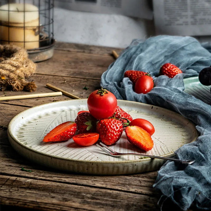 

Food Plate Shallow Tray Pottery Dish Creative Plate Japanese Household Plate Coarse Eating Utensils Simple Fruits Dinnerware 1pc